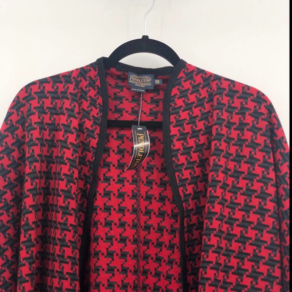 Pendleton Cardigan Sweater 100% Wool Houndstooth Open Front Black Red OS - Picture 2 of 9